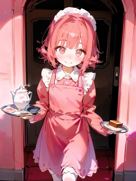 <lora:Dreaming1.2:0.7> DMary, pink cafe maid uniform, cafe, holding tray, smile, blush, walking, pink theme:1.2, solo, pink walls, tray,