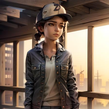 ((masterpiece, best quality)),(complex lighting) , solo,1girl,upper body, clementine,  dark skin,dark-skinned female,  <lora:ClementineWalkingDead1-10:0.8>, baseball cap, jeans, shirt, short twintails,open jacket, frizzy hair,brown eyes,