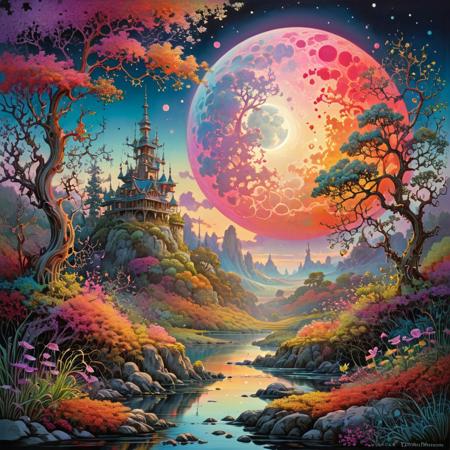 Zentangle extreme effect, landscape with Variegated splashes of color,
big full moon, fantastical surrealism
by Daniel Merriam, Joe Fenton, 2D, 
ral-cnvctncrnts  <lora:ral-cnvctncrnts:0.25>, 
painted world <lora:Painted World:0.5>, 
fractalvines  <lora:Fractal_Vines:0.5>