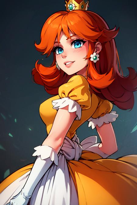 (masterpiece, best quality), 1girl,   <lora:princessdaisy-lora-nochekaiser:1> princess daisy, blue eyes, long hair, orange hair, crown, daisy, dress, flower, gem, gloves, orange dress, puffy short sleeves, puffy sleeves, short sleeves, white gloves,smiling,