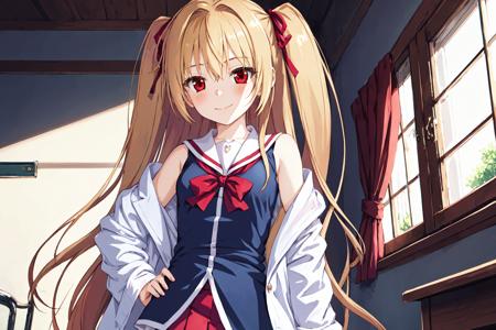 <lora:nikaidou_shinku02:0.7:lbw=KoChar>,nikaidou shinku,1girl, best quality,red eyes,  red pleated skirt,two side up, hair ribbon, blue shirt,labcoat, school uniform,bare shoulders, indoors,light smile,hand on hip,