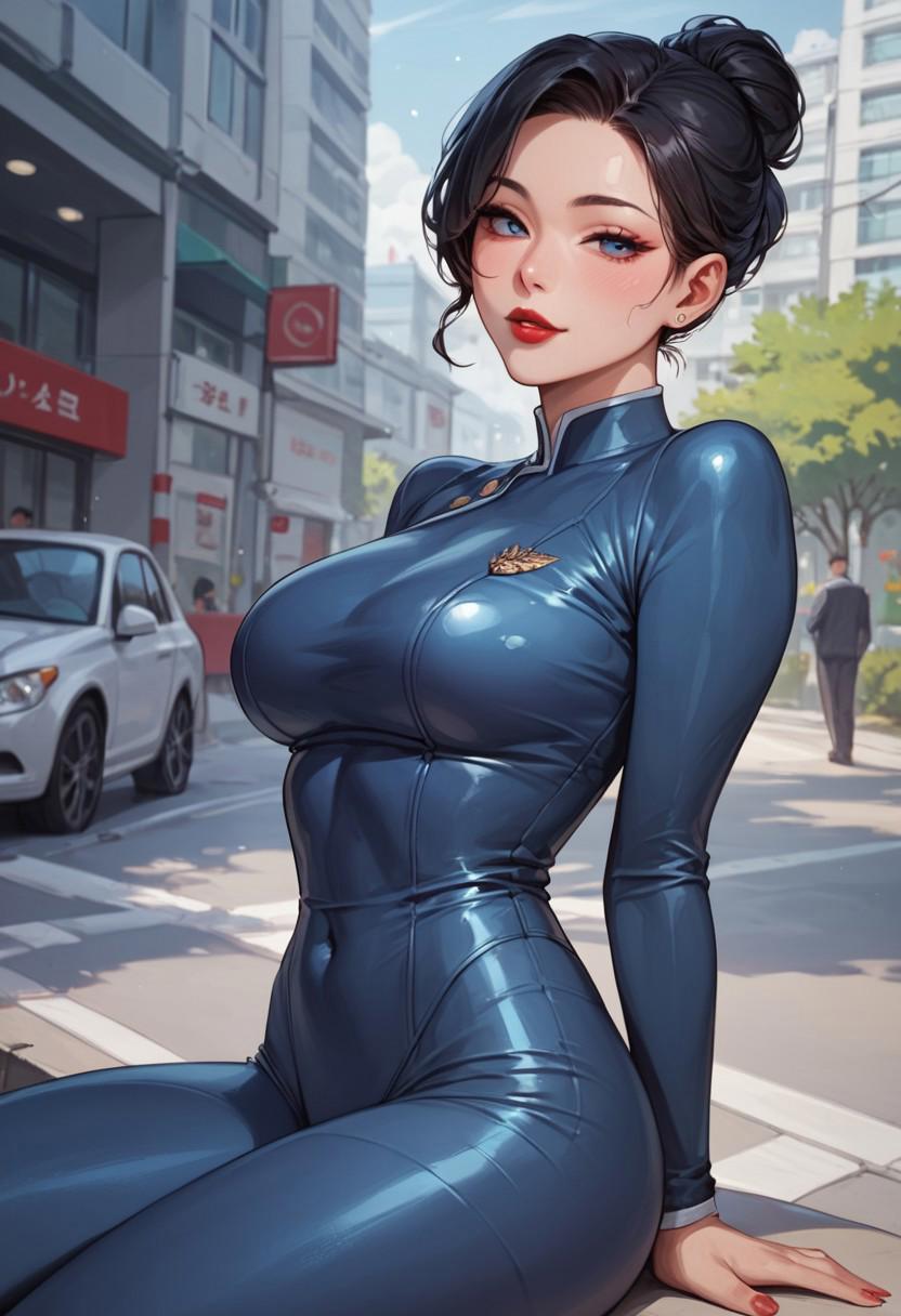 score_9, score_8_up, score_7_up, Black hair, hair bun, red lips, hourglass body, korean female politician, outdoor, She is wearing a Navy Blue tight-fitting suit, Her eyes are seductive, North Korea in the background.