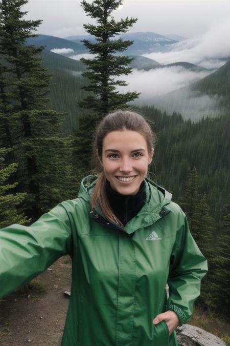 Selfie of a radiant 20 year old woman from a lookout in Rockies mountains, wearing only rainbcoat, breasts almost visible, crystal clear lake, pinetrees forests, wildlife, (foggy: 0.8), sun rays through the fog, early morning, great perspective, detailed face, pale skin, hair tied, deep  cleavage, rain jacket, hiking