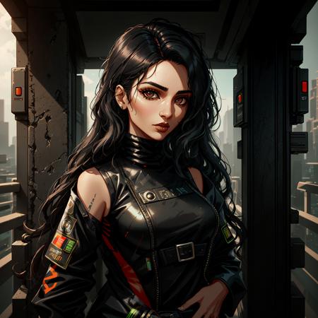 A masterfully crafted portrait of a mature Indian woman wearing a black leather jacket and dark pants, set against a futuristic backdrop featuring cyberpunk elements. The woman has long, wavy black hair accented with intricate henna tattoos on her hands, and multicolored eyes that seem to glow in the sunlight. She stands alone, looking confidently towards the future with a hint of mystery in her gaze. The artwork should be finely detailed and feature great composition, with cinematic lighting that enhances the overall impact of the piece.