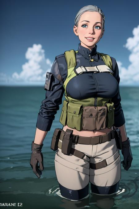 (masterpiece, best quality:1.2),  <lora:falck_(battlefield_2042):.9>, falck (battlefield 2042), 1girl, solo, gloves, breasts, large breasts, load bearing vest, uniform, military uniform, boots, holster, holding, grey hair, looking at viewer, partially submerged, ocean, upper body, water, sky, smile, blue sky, outdoors, day, cloud