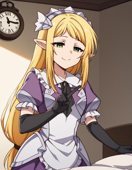 efil, long hair, blonde hair, green eyes, pointy ears, elf, low-tied long hair, gloves, dress, black gloves, elbow gloves, armor, maid, maid headdress,