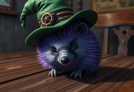 A purple hedgehog sitting on a wooden table, wearing a 3D, epic, and cursed green hat, inspired by Amos Sewell, Royo, and Ted Nasmith. The image should blend the styles of Artgerm, Greg Rutkowski, and Alphonse Mucha with intricate, ornate details and sharp focus. Apply the golden ratio for composition, aiming for a masterpiece trending on Artstation. The final output should be in 8K resolution with lifelike details and micro details.