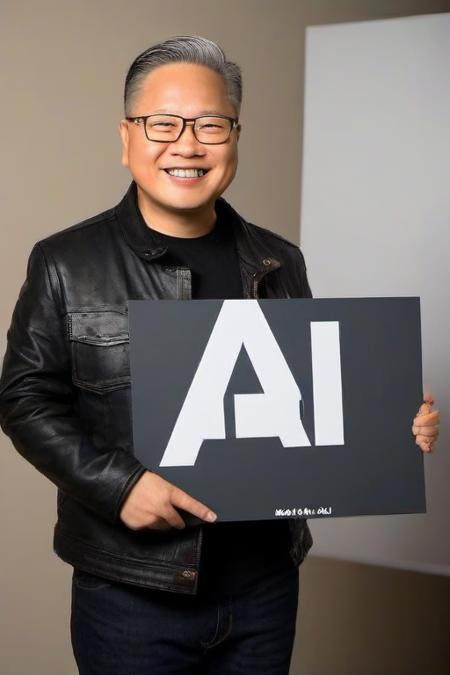 <lora:PE_HoldingSign:0.8> PEHoldingSign,
Nividia Jensen Huang holding a sign that says AI,leather jacket