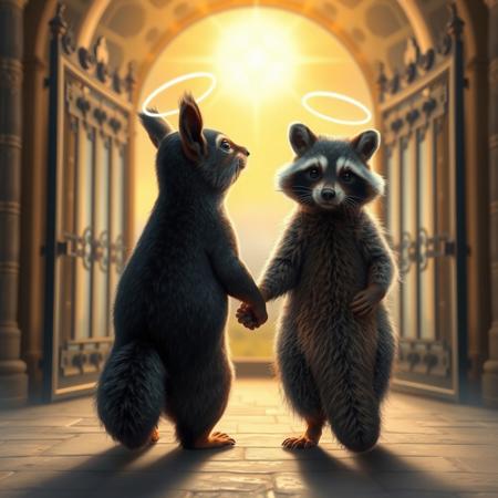 A dark-furred squirrel and a raccoon in glowing, ethereal forms stand side by side at the entrance of a grand, radiant gate symbolizing Heaven. The squirrel and raccoon hold hands, each with a small, soft halo above their heads, their expressions a mix of peaceful acceptance and gentle melancholy as they look back over their shoulders toward the viewer. The squirrel is 2/3 the size of the raccoon. The scene is illuminated with a soft, golden light, casting an otherworldly glow that enhances the warmth and calm of the moment. The gates behind them are open, revealing a hint of a tranquil, celestial landscape beyond, creating a touching, spiritual farewell.