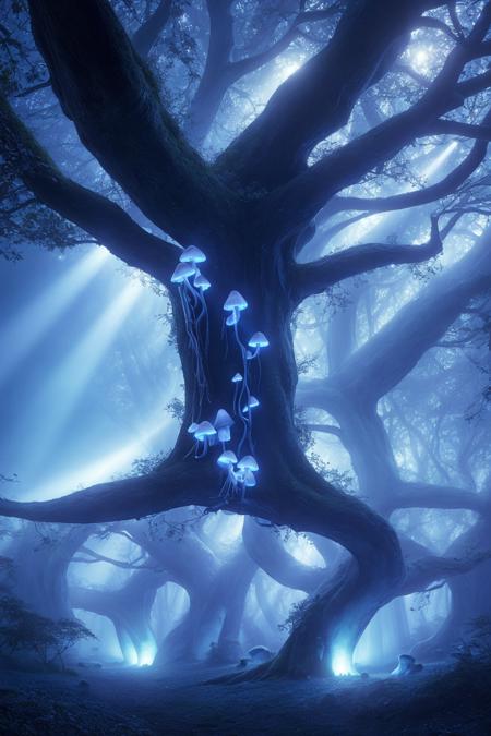 misty enchanted forest, glowing mushrooms scattered on the forest floor, ancient trees with twisting branches, soft blue and purple lighting, gentle fog rays through trees, fantasy magical vibe, high detail forest floor