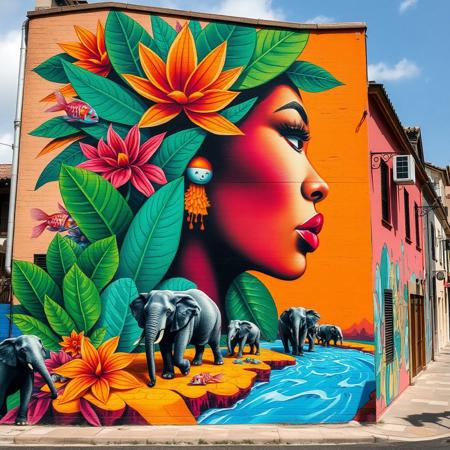 End of a building, 
This colorful mural blends natural and cultural themes, showcasing a striking side profile of a woman's face surrounded by a lush environment. The woman's expressive features are rendered in bold, solid colors, which harmonize with the vibrant imagery of tropical leaves, fish, and wildlife. Stylized elephants traverse a river-like path, emphasizing themes of harmony between humans and nature. The composition incorporates abstract shapes and vivid hues of green, orange, blue, and pink, creating a dynamic, uplifting atmosphere. The mural’s intricate design and positive energy evoke a celebration of biodiversity and cultural identity.
graffiti, mural, hyper-realistic, vibrant colors, bold letterforms, 3D design, urban art, intricate details, vivid gradients, sharp highlights, contrasting shadows, abstract influences, electric palette, sculptural effect