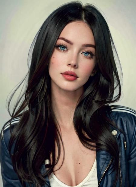 best quality, high quality, masterpiece,Megan, 1girl, solo, long hair, blue eyes,  looking at viewer, black hair, mole, upper body,breasts, jacket, lips, makeup, realistic