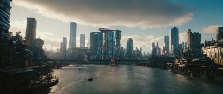 cinematic film still of  <lora:perfection style:0.3>
 <lora:detailed:0.1>
 <lora:Chiaroscuro Lighting Style:0.3>
 <lora:cyberpunk style v2:0.9>
 <lora:Cyberpunk Style:0.1>
In Cyberpunk city a city with a river and a bridge,bionic,transhuman,Dystopia,Dystopian,kakotopia,Science fiction,high tech,low life,societal collapse,Artificial,Posthuman,future,futuristic,Artificial intelligence,Cyborg,genetically-enhanced humans,sci-fi,Cyberpunk Style,outdoors,sky,cloud,no humans,cloudy sky,building,scenery,science fiction,city,cityscape,bridge,skyscraper,city lights,lights,neon lights,Cyberpunk Style , science fiction, futuristic setting, detailed background, dramatic light, dramatic shadow light, contrast, cinematic color, cinematic look, filmic, realistic, realism, perfection, perfect, different, cinematic, film, cinematography, artstation, Cyberpunk city style, Cyberpunk style, shallow depth of field, vignette, highly detailed, high budget, bokeh, cinemascope, moody, epic, gorgeous, film grain, grainy