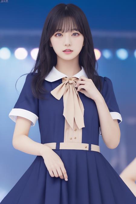 masterpiece,(realistic), highly detailed CG unified 8K wallpapers, (HQ skin:1.2),8k uhd, dslr, high quality, ((1girl in a blue dress with white collar, idol costume, 28 year old, dance on stage)), dark eyes, beautiful and detailed eyes, (real skin), beautiful skin, attractive, ultra-high resolution, ultra-realistic,high-definition,<lora:N46costume2019:0.75>