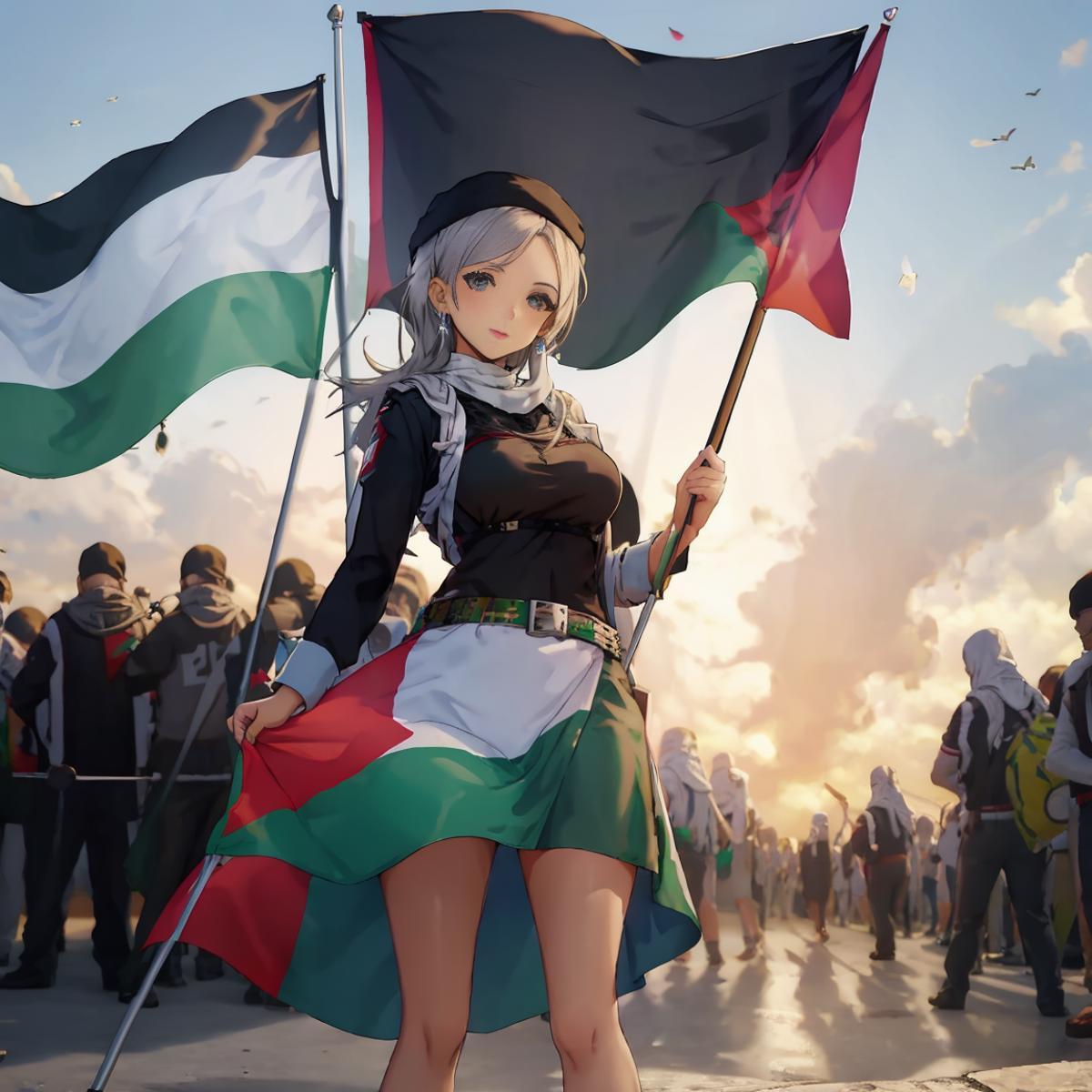 A cartoon drawing of a woman with a Palestinian flag.