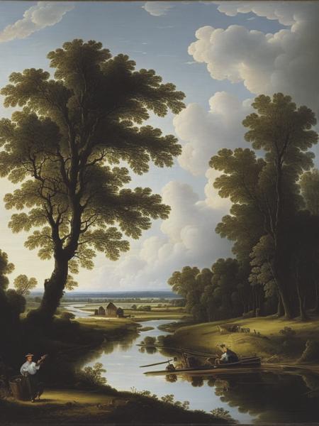 <lyco:SalomonvanRuysdael:1.0> a painting of a farmer in landscape with a river, in the style of meindert hobbema, dark gray and bronze, high resolution, glistening, tree flourishes with green leaves, cinestill 50d, david bates