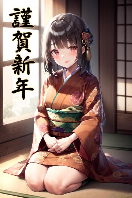 masterpiece, best quality, highres, 1girl happy new year <lora:happy_new_year_kanji:1> kimono, seiza, sitting, smile