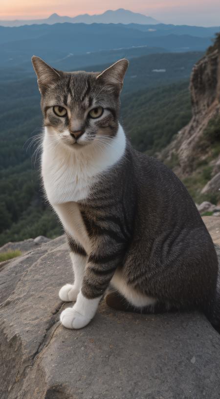 close-up, cat (on top of a mountain on a rock), sun rising, clouds, photorealistic, HDR