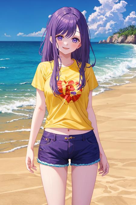 1girl, kubonagisa, purple eyes, purple hair, long hair, bangs, shirt, short shorts, smile, standing, beach  <lora:kubo:1>