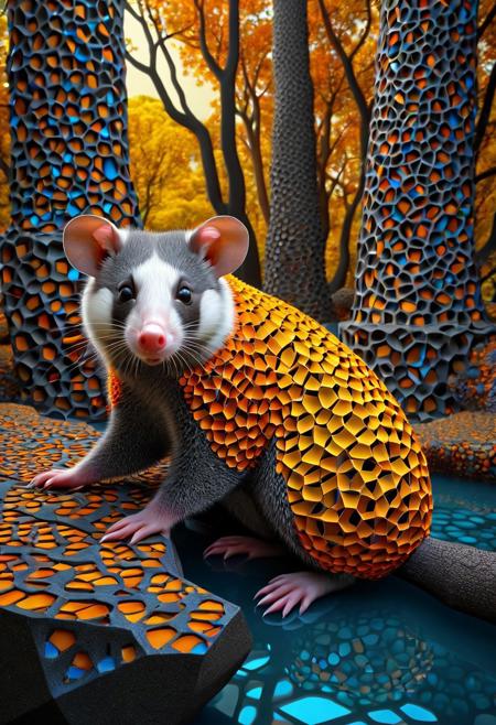 Geometric Transformation, ((opossum)) made out of voronoi,  basalt columns, Hylophobia, twisted blackened trees, river, dramatic, vibrant colors, vivid colors, Masterpiece, best quality, amazing quality, volumetric lighting, SFW, PG, exquisite detail, digital art, highly detailed, beautiful, surreal, lazypos,