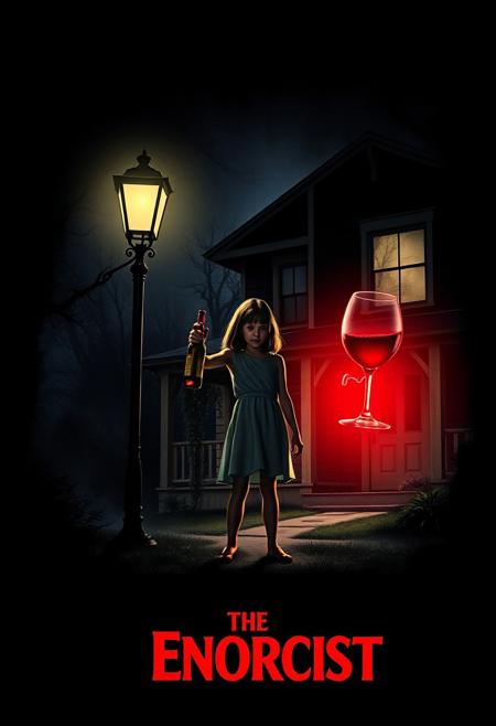 Design a parody movie poster titled The Enorcist, a humorous twist on The Exorcist. Imagine the iconic dark, eerie vibe of the original poster, but with a comical twist: instead of a demonic possession, the story is about a young girl cursed to drink wine for eternity. The poster should have an unsettling, atmospheric look, with dim lighting and shadows, similar to the original 1973 poster.
In the scene, show a girl standing under a dim street lamp outside a spooky house, holding a bottle of wine. The wine spirit possesses her, maybe symbolized by a faint aura or a sinister, red-glowing glass hovering near her. Add subtle wine-themed details (like a corkscrew or wine bottle shadow) to keep it humorous yet creepy. The title, The Enorcist, should mimic the original typography for an authentic touch.