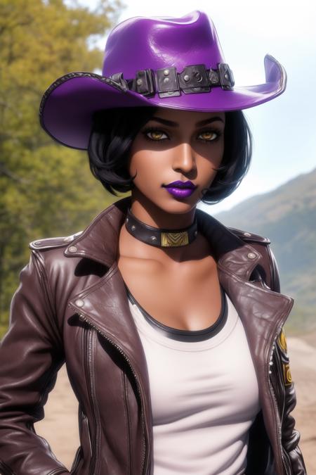 <lora:nisha_(borderlands):0.8>, nisha (borderlands), masterpiece, best quality, 1girl, solo, hat, dark skin, black hair, dark-skinned female, short hair, choker, jacket, hair over one eye, lipstick, purple lips, cowboy hat, lips, yellow eyes, makeup, leather jacket, leather, nose, upper body, outdoors,