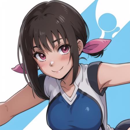 <lora:hanebado-05-v3:1>, 1girl, h4n3b4d0, blue and white outfit, dark tied hair, bangs, ribbon, all fours, smile, blushing