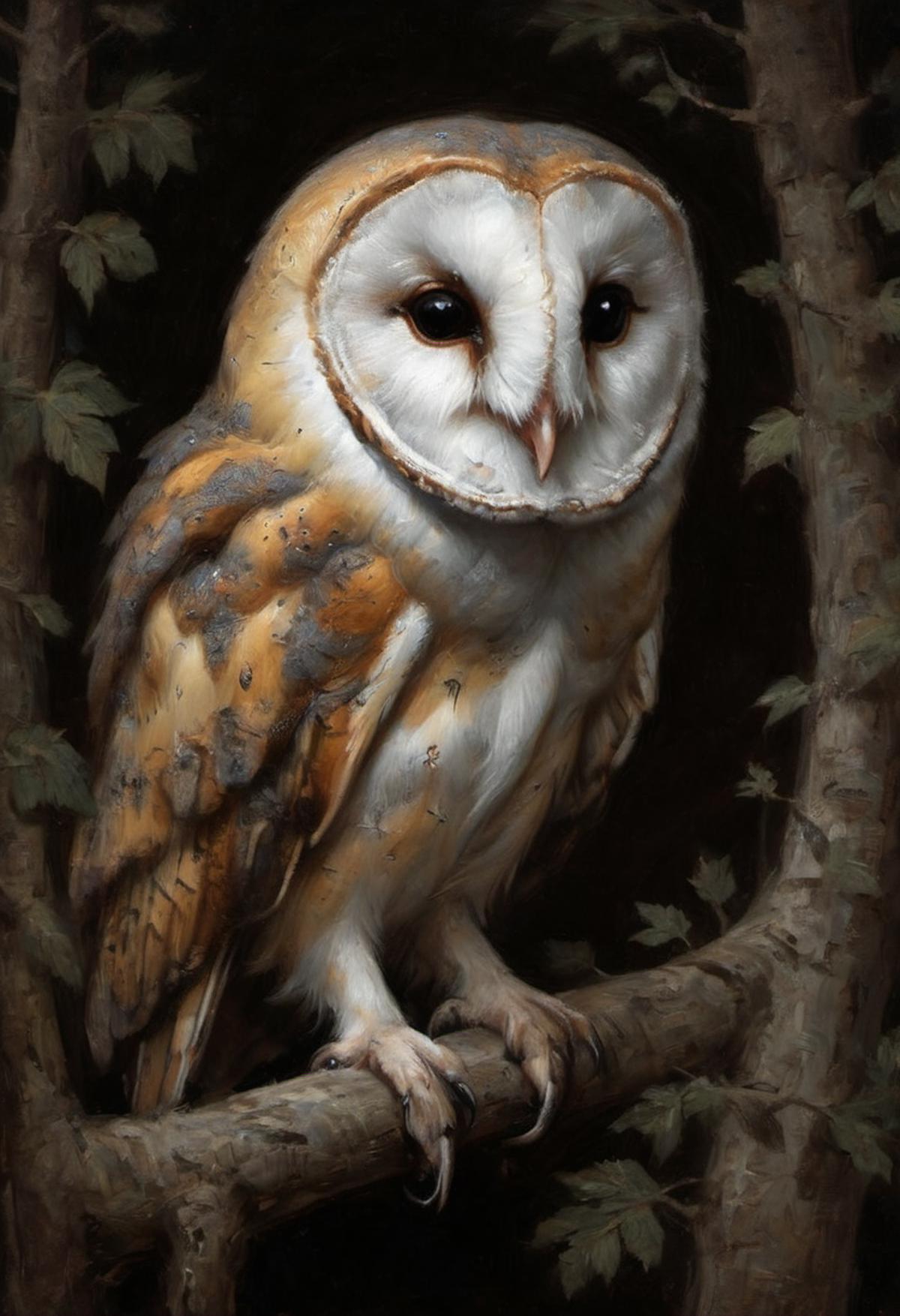 An owl perched on a tree branch in a painting.