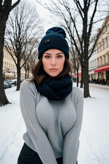 (Busty:1.2) slovenian woman, huge breasts silhouette, in the style of instant film, captivating gaze, looking at the camera, round face, Fujifilm Superia X-TRA 400, color negative film, noise, grain, romantic soft focus and ethereal light, --ar 3:2, beanie, full lips, tight wool sweater, scarf, winter day, town square with pinetrees background