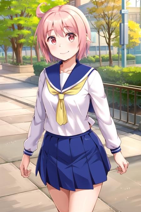 masterpiece, best quality, 1girl,  <lyco:Yuzuko_loha_v1.0:1.0>>, nonohara yuzuko, serafuku, sailor collar, neckerchief, skirt, outdoors, smile