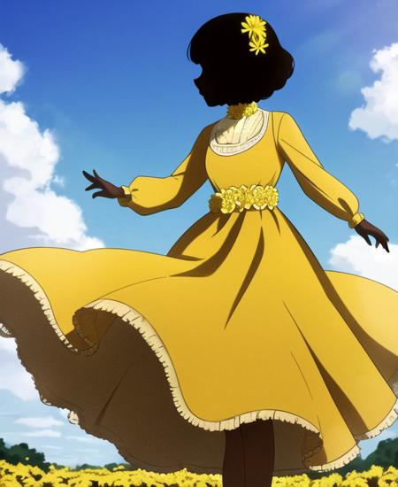 Louise shadow person no face yellow dress, frilled dress, hair flower, belt, necklace, yellow flower black shoes