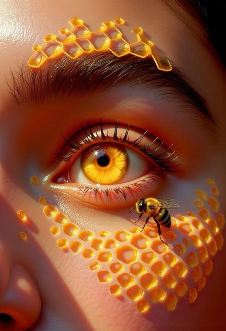 Illustrate a surreal, macroscopic close-up of a human eye, its perfectly formed honeycomb pattern merging with the iris. The hexagonal cells appear to extend inward like a tunnel of light and order, each chamber subtly vibrating with golden light. The pupil rests at the center of this tunnel, a dark portal surrounded by symmetry and structure. 
The skin surrounding the eye is covered in a biomimetic mesh reminiscent of the architecture of a beehive: hexagonal tessellations that extend like scales over the eyelid, eyebrow, and upper cheek, blending seamlessly into the natural skin tones. A bee lands delicately on the lower eyelid, its tiny wings capturing the ambient light, its slender legs brushing the border between the hive eye and human skin as if to deliver a secret. The bee is anatomically realistic, its eyes reflecting the honeycomb pattern that seems to attract it. The eyelashes curve like antennae, slightly iridescent at their tips, creating a unified aesthetic between insect and human. The lighting should be both intense and intimate: reflections on the moist surface of the iris, shadows forming between the honeycomb-like ridges of the skin, and a subtle halo of light in the reflection of the bee's eye. The concept should express the union of nature and consciousness, where the eye becomes the central organ of the hive—a visual metaphor for collective intelligence, ecological awareness, and the silent, powerful intelligence of pollinators within a shared biosphere.