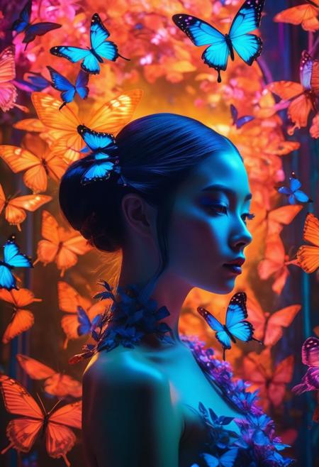 An enchanting dark fantasy scene captures a semi-transparent woman very perfect mind formed woman body,ponytail hair and a bow on the side of the head with her silhouette illuminated by a radiant blue hue, accentuating her graceful form. Surrounded by a mesmerizing array of glow-in-the-dark butterflies in vibrant neon colors like electric green, pulsating pink, and luminous orange, she seems to be the center of a surreal spectacle of radiant beauty the silhouette has a reflection as if it were made of glass and shines as if it had varnish. The butterflies, varying in size, fill the silhouette completely, creating a breathtaking visual experience. The clean darkness of the background serves as a perfect contrast, evoking a sense of enchantment, wonder, and mystique. This conceptual artwork masterfully combines elements of wildlife photography, cinematic aesthetics, and fashion illustration to create a dreamlike realm where magic and mystery intertwine.(% ?%), wildlife photography, fashion, conceptual art, ukiyo-e, 3d render, cinematic, photo, dark fantasy, illustration, vibrant, portrait photography
