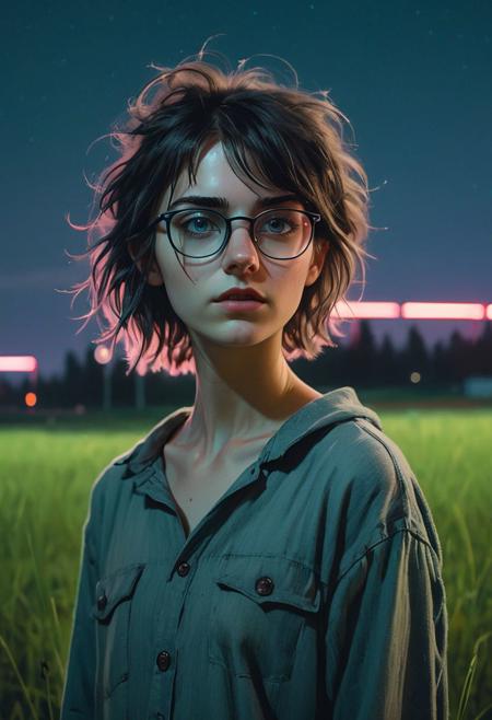 Ultra wide shot, Real raw photo, Simon Stlenhag style, soft low contrast, soft cold light, pale naughty girl 21 yo on glasses, on field, dark messy hair, neon lighting , late night , beautiful detailed body and face, perfect hands, small breasts,
