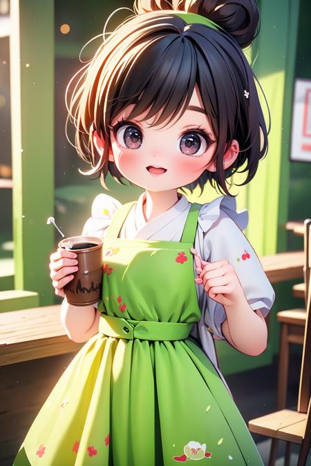 best quality,HDR,UHD,8K,solo,1girl,(looking at viewer:1.4),cowboy shot,standing,maid apron,(coffee shop and restaurant:1.2),(indoor:1.2)