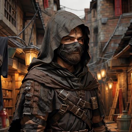 <lora:RPGBandit:1> bandit, solo, brown hair, 1boy, weapon, male focus, hood, cape, facial hair, beard, ((medieval alley)), ((night))