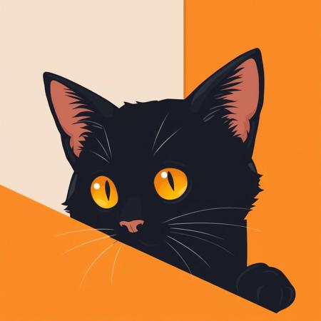 A close-up minimalist illustration of a black cat with striking yellow-orange eyes peeking from behind an orange wall. The artwork features smooth, clean lines and a subtle texture, emphasizing the cat's playful expression.