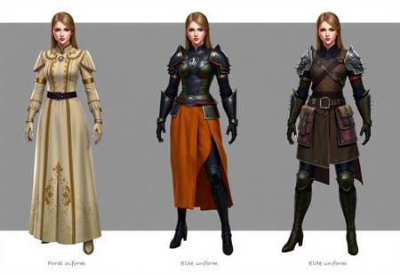 The image represents three variants of women's clothing, presumably uniforms or costumes for a fantasy setting.
On the left: A formal uniform - a long cream-colored dress with gold embroidery and decorative elements.
In the center: An elite uniform - a combination of armor (cuirass, bracers) with an orange skirt that opens one leg.
On the right: The armor of an Elite warrior is a combination of a vest, shirt, trousers and high boots, complemented by belts, a bag and gloves.
All three clothing options are shown on the same female figure with the same hairstyle. There is no interaction between objects, no actions take place. Context is the presentation of various costume options, perhaps for a game, movie, or book.