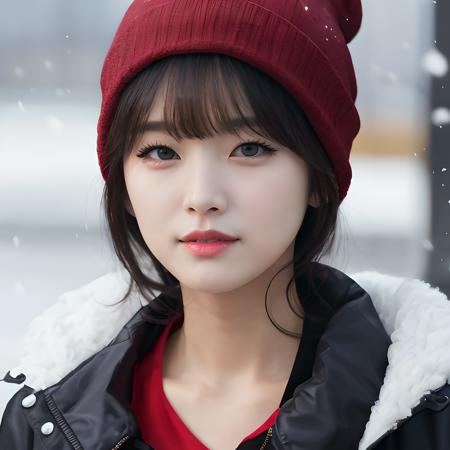 hyper realistic lifelike texture dramatic lighting unreal engine trending on art station, award winning photo, nikon RAW photo,8 k, Fujifilm XT3,masterpiece, best quality, realistic, photorealistic, ultra detailed, extremely detailed face, solo,1girl, standing, fashionable and trendy atmosphere, high-end makeup products, and a stylish expression on her face, snowing, wearing beanie,