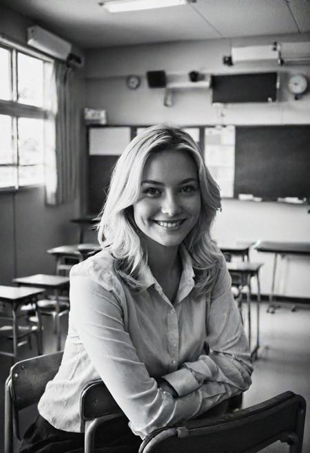 b&w, instagram photo, portrait photo of 22 y.o blonde woman, perfect detailed eyes, natural skin, hard shadows, film grain, smile, kyoushitsu, classroom, indoors, school chair, school desk, chalkboard, window, ceiling light, curtains, tree