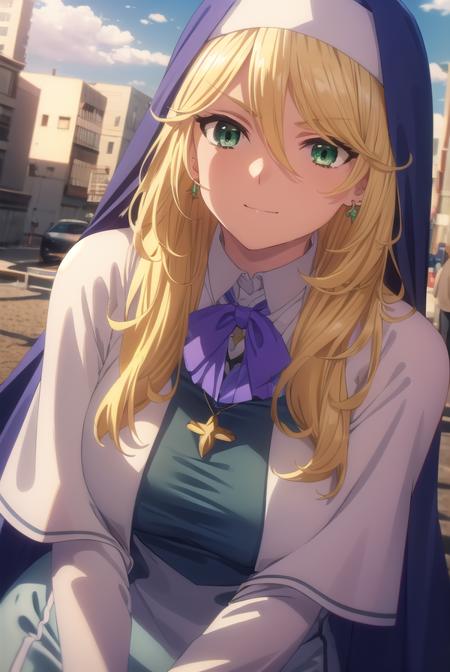 sharonholygrail, <lora:sharon holygrail s1-lora-nochekaiser:1>,
sharon holygrail, long hair, blonde hair, hair between eyes, (green eyes:1.3), smirk
BREAK bow, jewelry, earrings, bowtie, necklace, purple bow, nun, habit, purple bowtie, capelet, white capelet,
BREAK outdoors, city, sky, sun, clouds, crowd, people, 
BREAK looking at viewer, (cowboy shot:1.5),
BREAK <lyco:GoodHands-beta2:1>, (masterpiece:1.2), best quality, high resolution, unity 8k wallpaper, (illustration:0.8), (beautiful detailed eyes:1.6), extremely detailed face, perfect lighting, extremely detailed CG, (perfect hands, perfect anatomy),