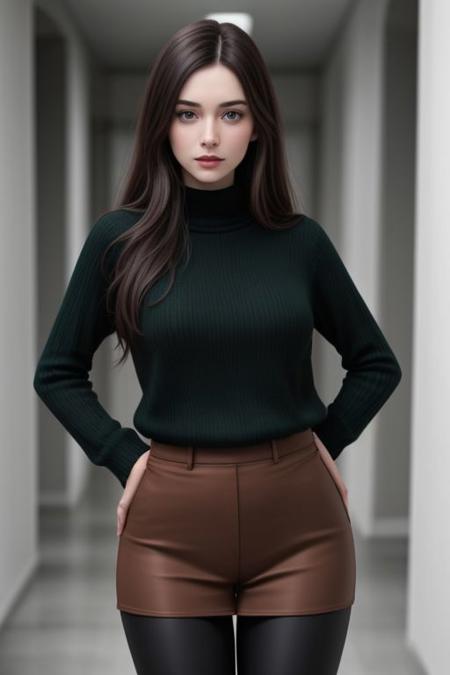 pale skinned woman with long chocolate brown hair and emerald green eyes. She wears a red sweater and black leggings with a serious facial expression. She has a heart shaped Caucasian face and a curvy body. She stands in a hallway with her hands on her hips. Green eyes and a chubby face