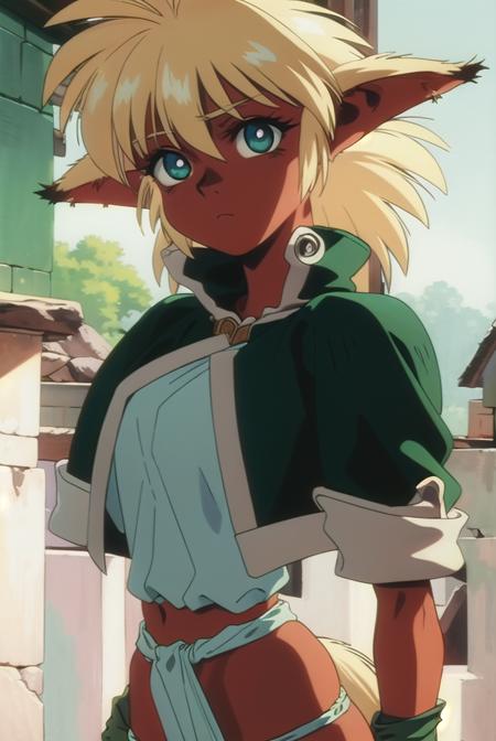 fam, blonde hair, (green eyes:1.5), pointy ears, dark skin, dark-skinned female, elf, long pointy ears, (retro artstyle:1.5), (1990s \(style\):1.5), tail, short sleeves, wristband, pelvic curtain,