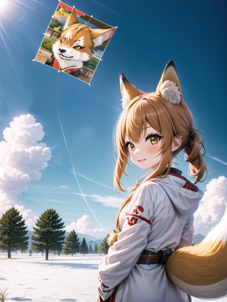 view from back below, a little fox girl, upper body, holding a thread from kite, look up kite in sky, winter coat<lora:kite-001_0.8:1>