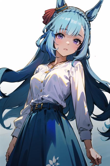 best quality,masterpiece, high res,original, beautiful detailed eyes,ultra-detailed, mejiro ardan \(umamusume\), ear ornament, necklace, white shirt, belt, shirt, long sleeves, skirt, blue skirt, floral print, long skirt, casual, purple skirt, 
<lora:mejiroardanlove:1>