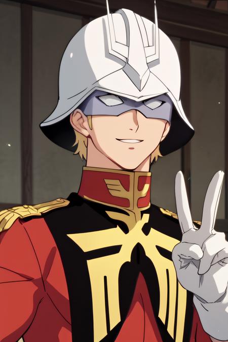 char helmet, mask, zeon, red military uniform, white gloves, red pants