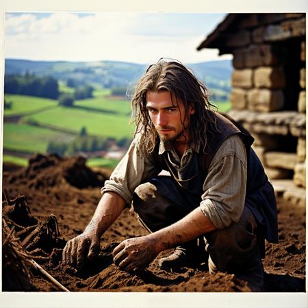 a young medieval farmer digging in the dirt, 1boy, brown hair, messy hair,
analogue photography, natural light, looking at viewer,