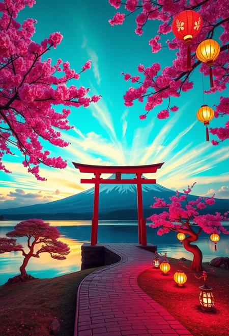 A surreal Japanese landscape photograph, at twilight, vibrant cherry blossom trees with glowing neon pink petals, their branches stretching across a turquoise sky streaked with golden clouds. A winding cobblestone path leads to a traditional torii gate that seems to float above a mirror-like lake reflecting the psychedelic sky. Bonsai trees with leaves in impossible colors of electric blue and vivid purple dot the shoreline. In the distance, Mount Fuji looms, its snow-capped peak shimmering with iridescent hues. Glowing paper lanterns in shapes of mythical creatures drift lazily through the air. The scene is bathed in an otherworldly light, blending traditional Japanese elements with a dreamlike, hyper-colorful aesthetic. Highly detailed, ultra high resolution, studio quality lighting, cinematic composition.