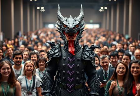 A powerful, cinematically lit, high-resolution 4K photograph. In the center of the image, a person stands out in a striking, highly detailed black dragon costume. The costume features a large, imposing headpiece with prominent horns and a vivid red tongue sticking out. A detailed purple and black shield adorns the body. This figure is the intentional focus, captured in a well-timed moment with captivating lighting that highlights textures. They are surrounded by a diverse, bustling crowd of people of various ages and genders, some in t-shirts, others in suits, their faces showing vivid emotions and joy. The background is intentionally blurred but suggests an indoor convention hall with balanced editing enhancing the subject. Impeccable composition using the Golden Ratio. Contemporary Aesthetics. Lifelike Details, Super Detailed Face and Eyes and Clothes (where visible), Handcrafted with Precision, High Quality, Stunning Colors, Harmonious Colors, Multi Colored. Octane Render, Unreal Engine 5. CGSociety, Artstation Trending on ArtstationHQ. Joyful Impact, Powerful Message.