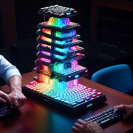 score_9, score_8_up, score_8_up, masterpiece,super detailed face, super high resolution, FaceDetail, masterpiece-level, highly detailed, intricate details, detailed background, complex background, masterpiece, best quality, amazing quality, animated, RGB Keyboard,
"Keyboard Jenga: Office Edition"
Bored coworkers play Jenga with RGB Keyboard keys during a meeting. The "Delete" key is already wobbling. The "Enter" key smugly says, "This is fine," until someone pulls the "Shift" key—the whole tower collapses, and the boss (a grumpy old mechanical keyboard) yells, "WHO TOOK MY CAPS LOCK?!"